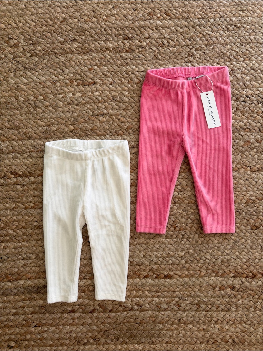 Janie and Jack cream and pink ribbed leggings, size 6-12 months